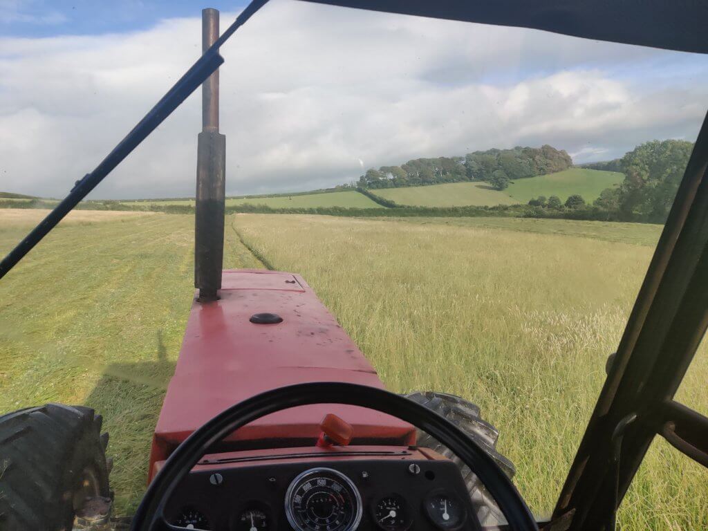 The view from inside the cab mowing with the Zetor Crystal 12045
