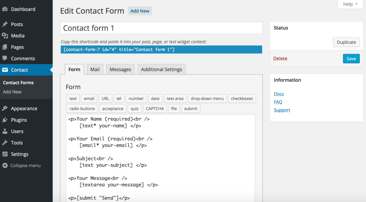 Form builder types of WordPress plugin: Contact Form 7 (screenshot)