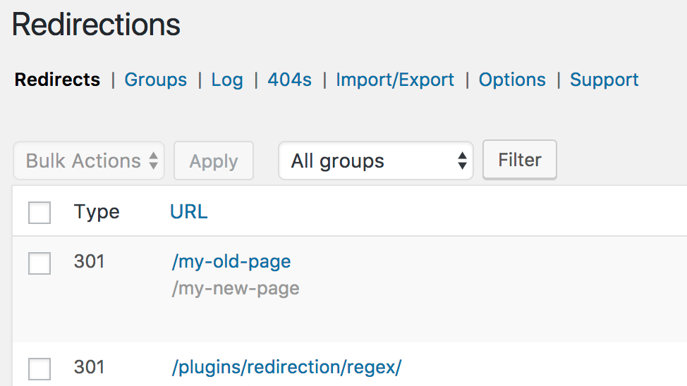SEO types of WordPress plugin: Redirection (screenshot)