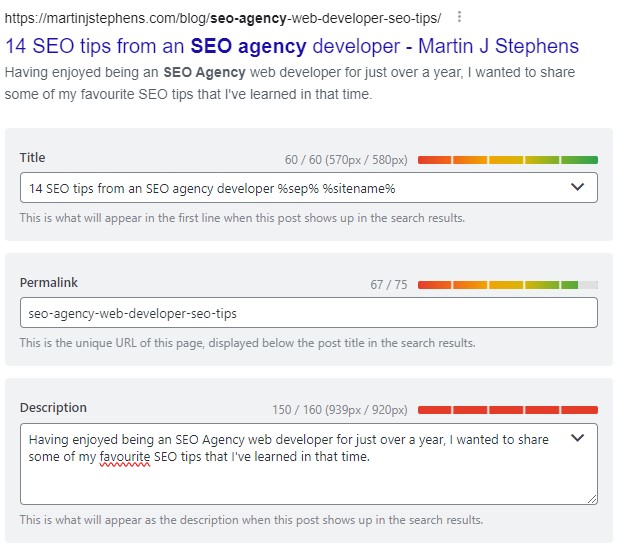 Setting the meta title and meta description for an SEO tips blog post